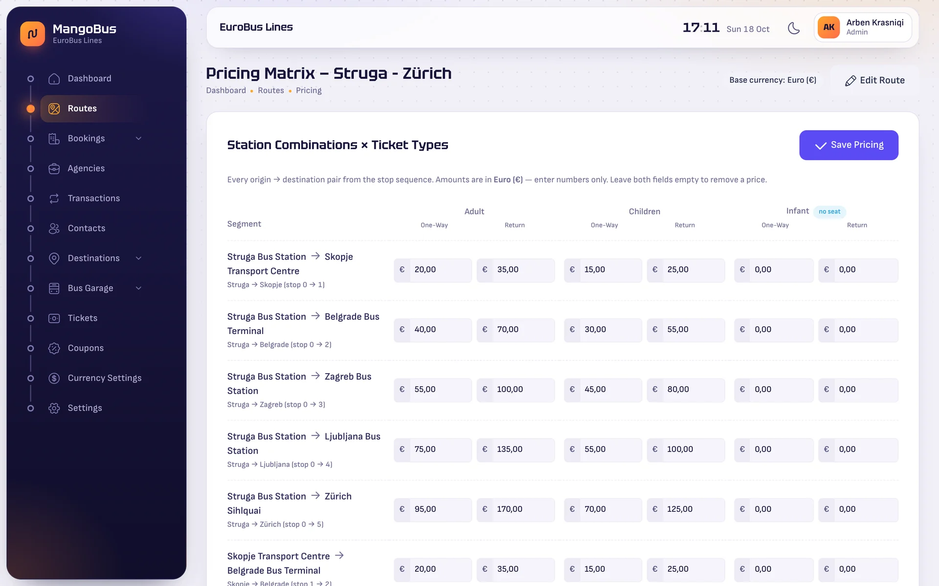 The pricing matrix of the Struga to Zürich route with one-way and return fares for Adult, Children and Infant on every stop pair