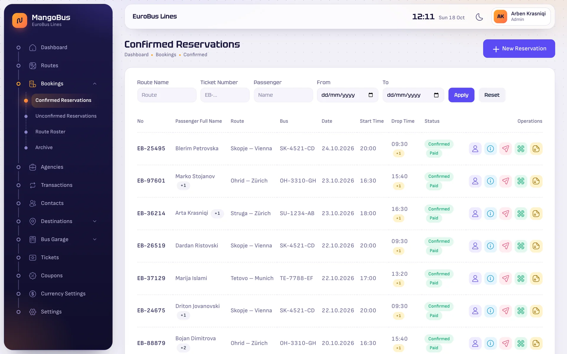 The confirmed reservations list with filters, passengers, routes, coaches, travel times, statuses and ticket actions